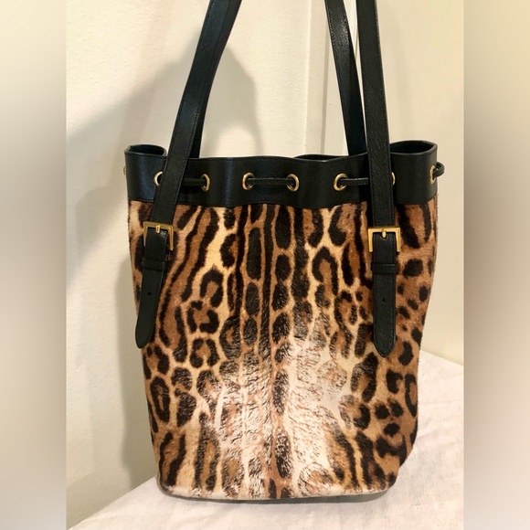 YSL Bag Yves Saint Laurent Rivage Tote Bucket Animal Leopard Fur Black Leather - Picture 9 of 9